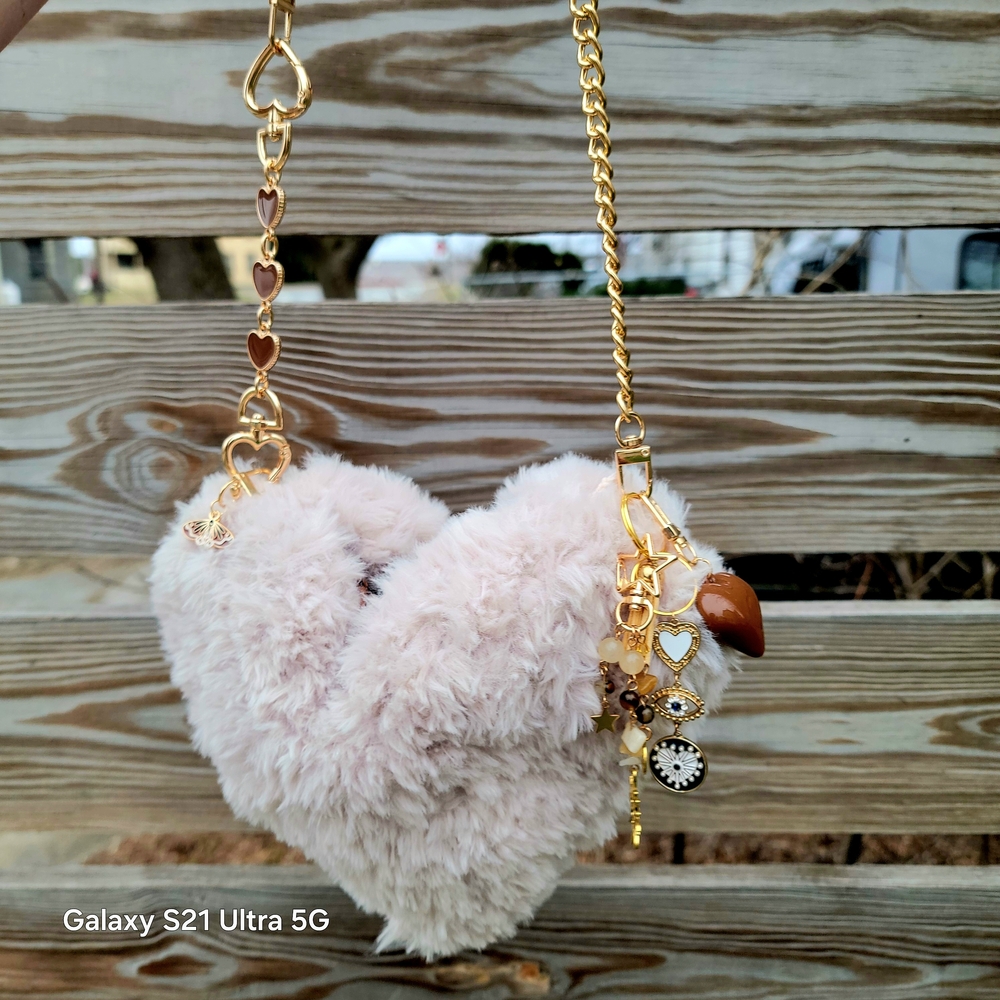 Heart-Shaped Plush Keychain with Gold Accents